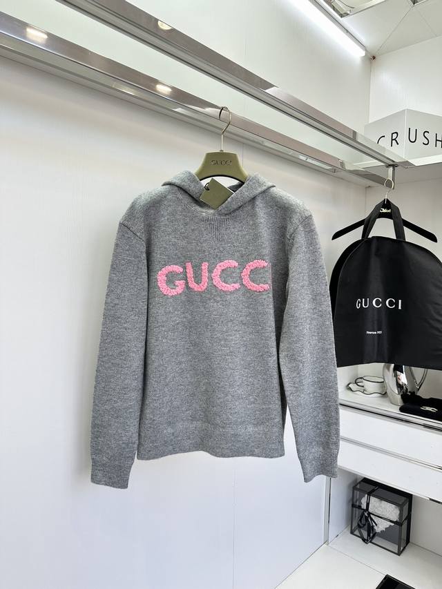 Gucci 肖战同款 连帽套头卫衣式针织衫 立体毛巾刺绣字母logo 一比一高定出品1 Color: 灰色 红色 Size: S Ml